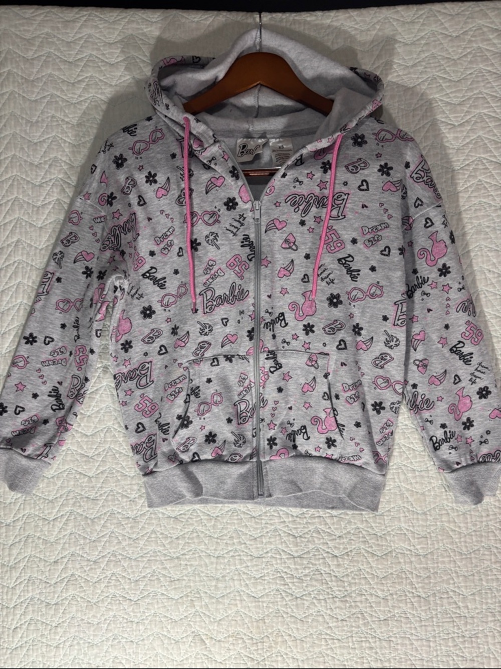 Barbie Gray Zip-Up Hoodie with Pink Drawstrings and All-Over Logo Print - Picture 4 of 5